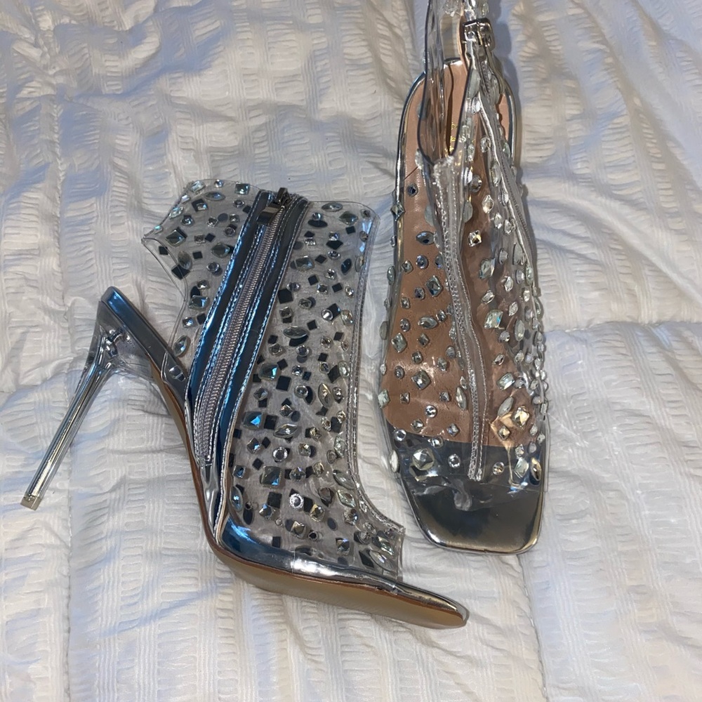 Rhinestone clear/ silver bootie heel size 40